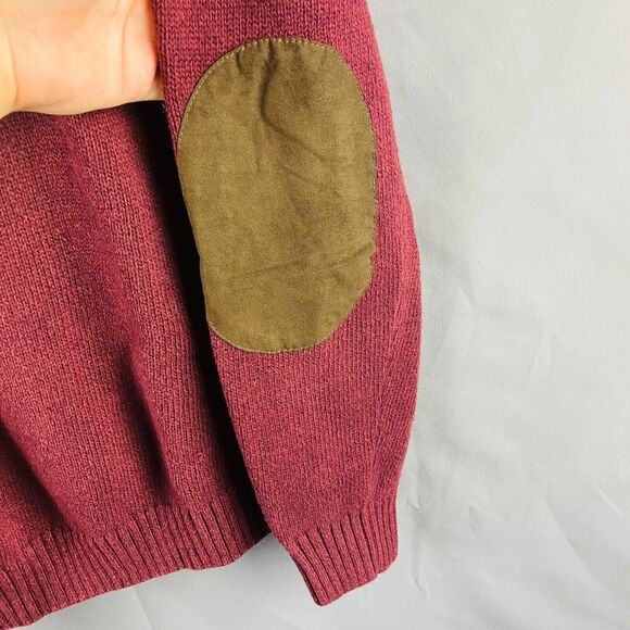 Chaps Sweater Mens L Red Knit Pullover Elbow Patch Quarter Button Mock Neck - Picture 6 of 10